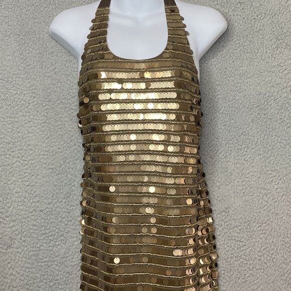 New BCBG Sequin Gold NYE Bronze Iman Mini Dress Small Coin Criss Cross Back NWT - Picture 2 of 14